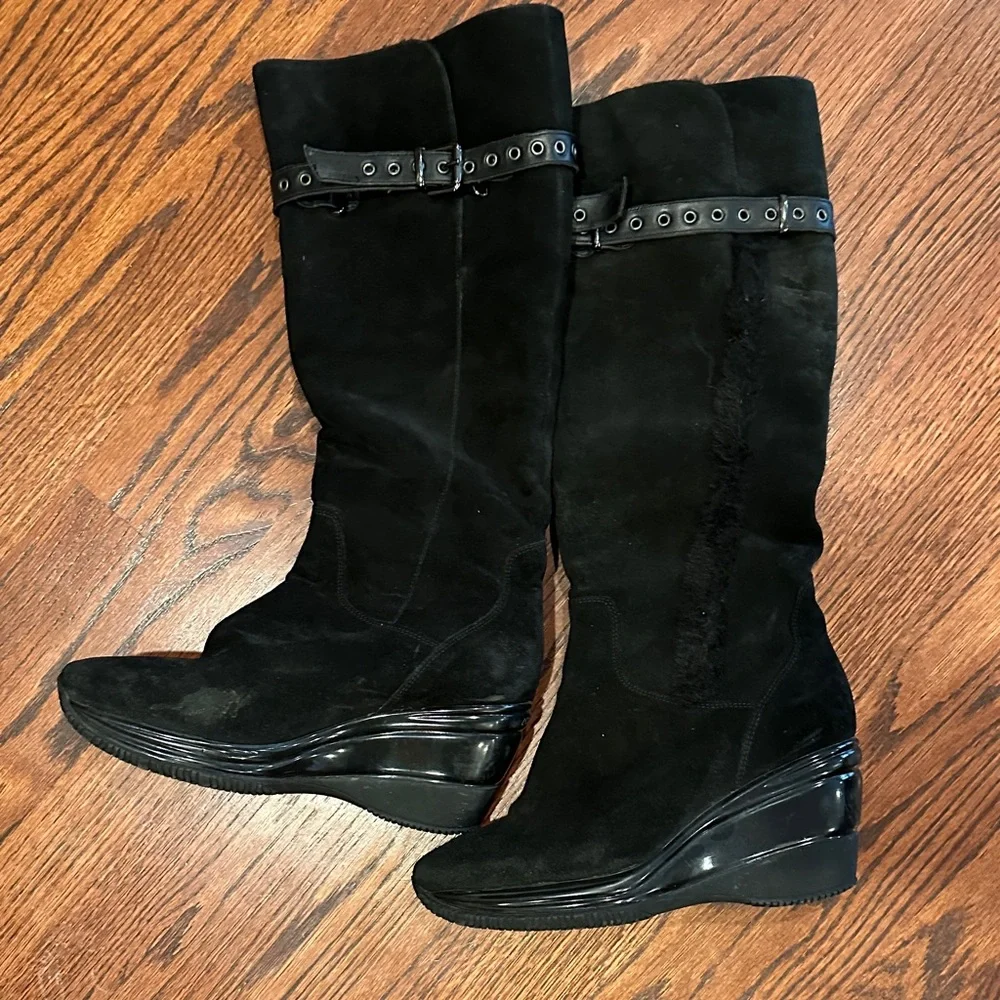 Aquatalia Shearling Black Knee-High Wedge Boots - Picture 1 of 6